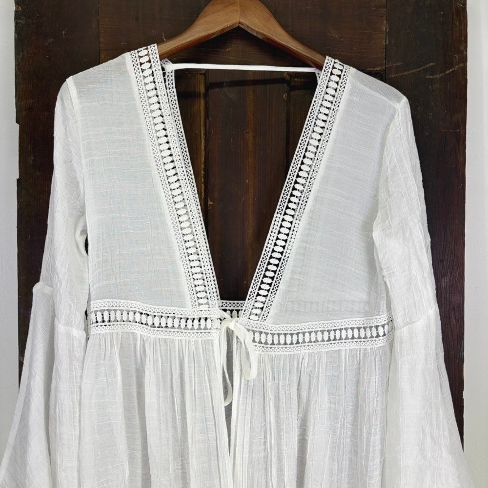 Women's Midi Open Tie Swim Cover Up Sz. L Oversized Duster White Bohemian Boho - Picture 3 of 12